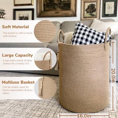 Goodpick Boho Jute Laundry Hamper Basket, Wicker Laundry Basket with Handles, Tall Baby Nursery Hamper, Large Woven Blanket Storage for Living Room, Bedroom, 16" x 20" - Image 3