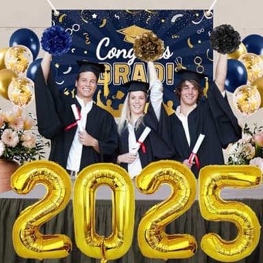 Graduation Decorations Class of 2025, Navy Blue Gold Graduation Decor Set with Congrats Grad Banner, Foil Balloons, Paper Pompoms, Hanging Swirls for 2025 High School & College Grad Party Supplies - Image 2