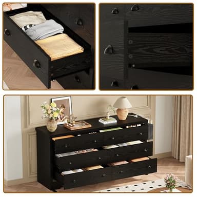 LIKIMIO Dresser for Bedroom 6 Drawer with Charging Station, TV Stand Storage Chest of Drawers for Living Room Hallway Entryway, MDF Board, 59 Inches Black - Image 3
