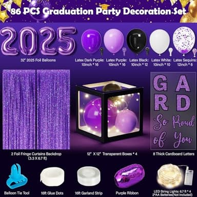 Ecomore Graduation Party Decorations Class of 2025-86 PCS Grad Party Supplies Includes LED Light Strings Balloon Block Boxes with Letters Foil Curtain Backdrop 2025 Balloon Garland Kit -Black Purple - Image 2