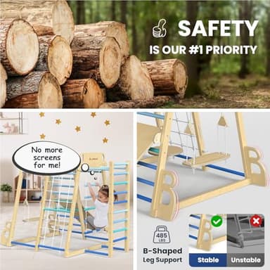 Upgraded Indoor Playground 9-in-1 Jungle Gym Kids Climbing Toys, Montessori Philosophy Waldorf Style Wooden Climber Playset with Slide, Swing, Monkey Bars, Upright/Rope Ladder, Climb Net, Blue - Image 5