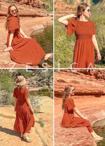 ZESICA Women's 2025 Summer Casual Floral Print Short Flutter Sleeve Crew Neck Smocked High Waist Flowy Maxi Dress,Caramel,Large - Image 6