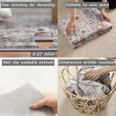 CHAMPLANT 5x7 Washable Area Rug Gray Vintage Traditional Floor Cover Foldable Thin Kitchen Accent Indoor Distressed Non Slip Carpet Floral Print Mat Bedroom Living Room Bathroom - Image 5