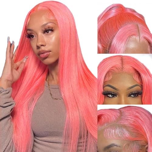 PANDA ANGEL Pink Straight Lace Front Wig Human Hair 13x4 Hd Transparent Lace Frontal Wigs Human Hair Glueless Wear and Go Wigs for Black Women Hot Pink Human Hair Straight Wig 22 Inch - Image 1