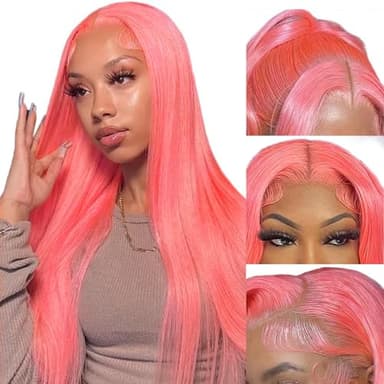PANDA ANGEL Pink Straight Lace Front Wig Human Hair 13x4 Hd Transparent Lace Frontal Wigs Human Hair Glueless Wear and Go Wigs for Black Women Hot Pink Human Hair Straight Wig 22 Inch - Image 1