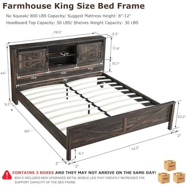 T4TREAM Farmhouse King Size Bed Frame w/Storage Bookcase Headboard, Sliding Barn Door, Charging Station, Rustic Wood Platform Bed w/Wood Slats Support, No Box Spring Needed, Dark Rustic Oak - Image 3