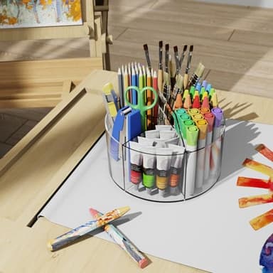 Mefirt Acrylic Pen Holder, 360 Degree Rotating Pen Organizer, Rotating Desk Acrylic Office Organizer with 6 Compartments, Marker Organizer for Kid, Crayon Caddy School Art Supply Storage Organizer - Image 2