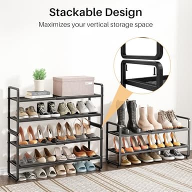Shoe Rack - Expandable Shoe Organizer for Closet, Adjustable Metal Shoe Shelf Storage, 2 Tier Stackable Long Shoe Stand Holder for Garage, Entryway, Door Entrance, Black - Image 6