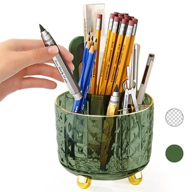 GOTOBA Dark Green Pen Pencil Holder for Desk, 360° Rotating Pen Organizer, Green Office Supplies, Cute Pen Holder, 6-Compartment Pencil Holder Rotating - Image 1
