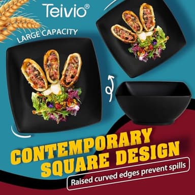 Teivio 32-piece Plastic Wheat Straw Square Dinnerware Set for 8, Unbreakable Dinner Plates, Salad Plates, Snack Bowls, Tumblers, Dishwasher Safe, Black - Image 5