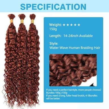 Dark Ginger Human Braiding Hair Water Wave Bulk Human Hair 150g 18 Inch Curly Human Hair for Boho Braids Hair Extensions No Weft 3 Braids Per Pack Wet and Wavy Human Hair Braiding Hair Color 350 - Image 2
