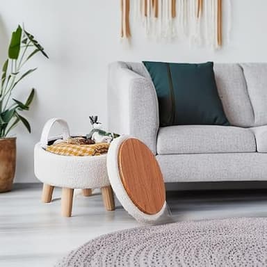 Wimarsbon Storage Ottoman, Modern Round Footrest with Soft Padded Seat, Teddy Velvet Footstool with Wood Legs, Accent Small Table or Plant Stand for Hallway, Living Room (Cream) - Image 5