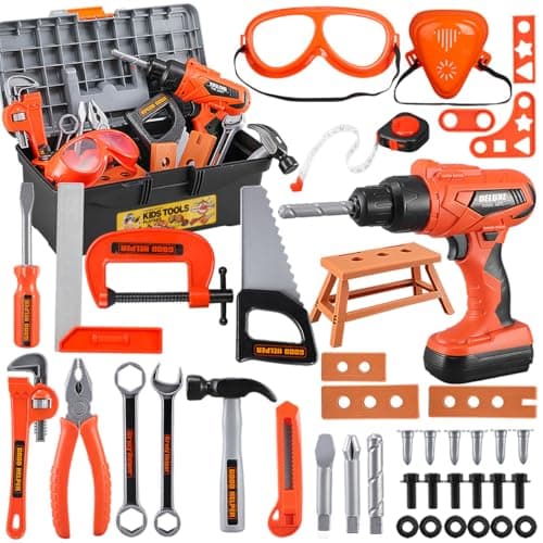 Kids Tool Set – Zealous 48 pcs Toddler Tool Set with Tool Box & Electronic Toy Drill, Pretend Play Kids Toys, Toy Construction Tools for Kids Ages 3,4,5,6,7,8 Years Old (A-Orange) - Image 1