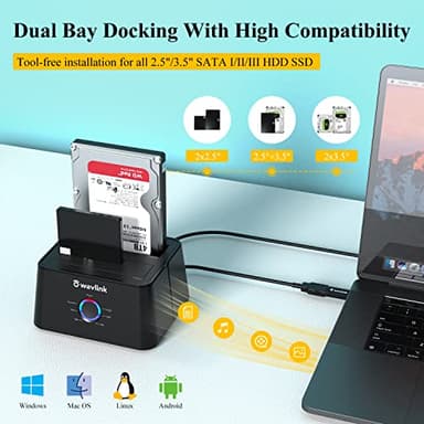 WAVLINK USB 3.0 and USB C to SATA Dual-Bay External Hard Drive Docking Station for 2.5/3.5 Inch HDD/SSD with UASP (6Gbps), Support Offline Clone/Duplicator Function [16TB X2 ]-Black - Image 3