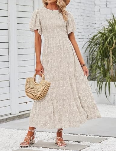 ZESICA Women's 2025 Summer Casual Floral Print Short Flutter Sleeve Crew Neck Smocked High Waist Flowy Maxi Dress,Beige,Large - Image 7