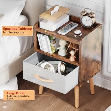 LUCKNOCK Night Stand with Drawer, Mid Century Modern Bedside Table, Sturdy Wood Nightstand with Open Storage Shelf, Small Bedside Table for Bedroom, Kids Room & Small Spaces, Rustic Brown. - Image 5