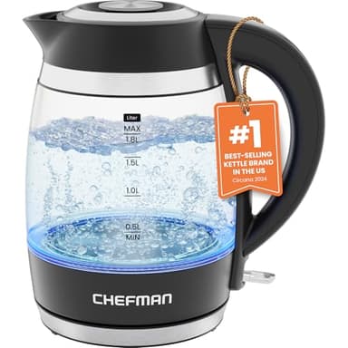 Chefman Electric Kettle, 1.8L 1500W, Hot Water Boiler, Removable Lid for Easy Cleaning, Auto Shut Off, Boil-Dry Protection, Stainless Steel Filter, BPA Free, Borosilicate Glass Electric Tea Kettle - Image 1