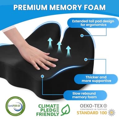 CushZone Seat Cushion, Memory Foam Office Chair Seat Cushion for Office Chairs/Car/Long Trip/Desk Chair/Gaming, Extra Large Size for Sciatica & Hip & Tailbone Pain Relief, Sciatica Support (Black) - Image 3
