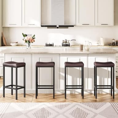 HOOBRO Bar Chairs, Set of 2 Counter Height Saddle Stools with Curved Surface, 24.8 Inches, 2.4" Thick Upholstery, for Kitchen and Dining Room, Brown and Black BC10BY01 - Image 4