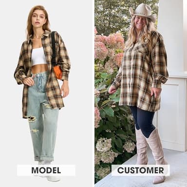 EXLURA Womens Plaid Flannel Shacket Long Sleeve Button Down Shirts Long Jackets Oversized Spring Fashion Outfits 2025 Clothes Khaki Black - Image 2