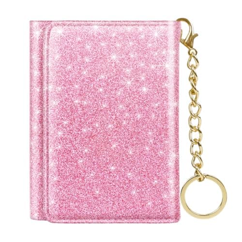 Trifold Small RFID Blocking Wallet Pocket Cute Short Slim Sparkling Credit Card Holder Leather Keychain Ladies Mini Purse with ID Window, Glitter Peach - Image 1