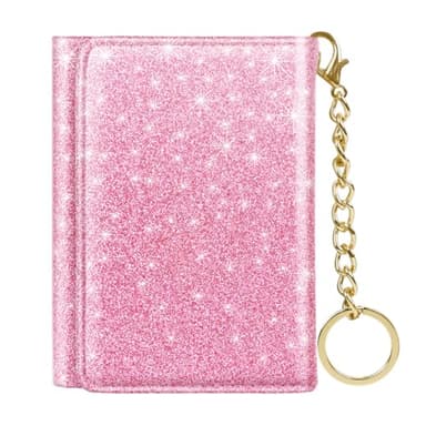 Trifold Small RFID Blocking Wallet Pocket Cute Short Slim Sparkling Credit Card Holder Leather Keychain Ladies Mini Purse with ID Window, Glitter Peach - Image 1