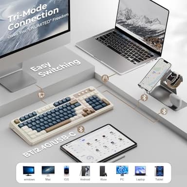 AULA 99 Wireless Keyboard, Custom Computer Keyboard, Tri-Mode Bluetooth 5.0/2.4GHz/USB-C Cute Creamy Gaming Keyboards with Number Pad, RGB Backlit Media Knob Programmable Keybaord for PC Gamer - Grey - Image 3