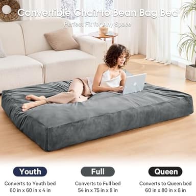 Bean Bag Chairs for Adults - Giant Bean Bag Chair Convertible Bean Bag Bed - Beanbag Chair with Micro Fiber Cover/Furniture Foam Filler - Floor Couch Sofa in Bedroom Dorm Room - Full Charcoal - Image 5