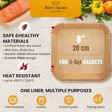 Air Fryer Paper Liners, 125Pcs Air Fryer Disposable Liners, Non-Stick and Oil Proof for Easy Cleanup, 8” Square for 5-8 qt Basket by Baker's Signature - Image 3