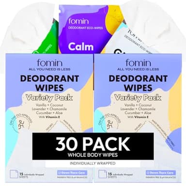 FOMIN Travel Deodorant Wipes - 30 Count - Variety Pack - pH Balanced, Hypoallergenic Mini Deodorant Wipes For Women and Men - Plastic-Free, Individually Wrapped Underarm & Body Wipes - Image 1