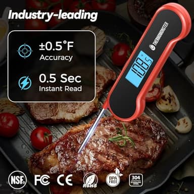 0.5 Sec Instant Read Meat Thermometer Digital with ±0.5℉ Precision, 100% Waterproof Auto Flip Bright LCD Screen, Motion Sensing Food Thermometer for Cooking Kitchen Oven Grill Candy BBQ, Red - Image 2