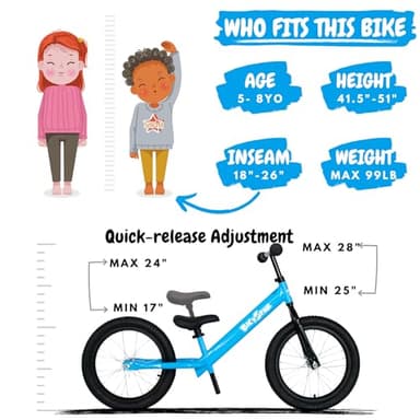 bicystar 16 Inch Balance Bike, Toddler Bicycle Ages 5-8, Air Tires, No Pedals Push Bike, Toddler Outdoor Toy Bike for Kids, Boys Girls, Blue - Image 2