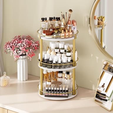 Yatiney 3-Tier Lazy Susan, Rotating Spice Rack, Spinning Organizer, Industrial Turntable Spice Rack for Cabinet, Kitchen Countertop, Pantry, White and Gold SR23DW - Image 4