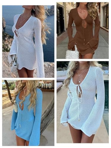 ANRABESS Beach Cover Ups for Women Crochet Swimsuit Bathing Suit Swimwear Bikini Mesh Knit Dress 2025 Summer Vacation Outfits Small Brown - Image 2