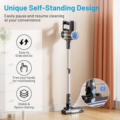 Cordless Vacuum Cleaner with Self-Standing, LED Screen Stick Vacuum Cleaners for Home, Lightweight Powerful Suction Vacuum, 6-in-1 Rechargeable Vacuum for Carpets, Pet Hair, Hardwood Floors - Image 2