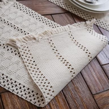 Alynsehom Macrame Table Runner Cream Beige Boho Table Runners with Tassels Hand Woven Cotton Table Runner Rustic Farmhouse Table Runners for Bohemian Kitchen Dining Table(12x48in) - Image 4