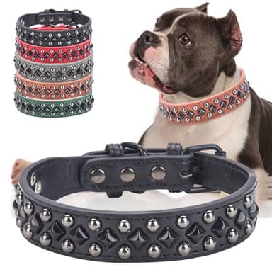 Stylish PU Leather Dog Collar with Alloy Buckle, Black Diamond Rivets, Adjustable, Durable for Small, Medium, Large Dogs - Black XS - Image 1