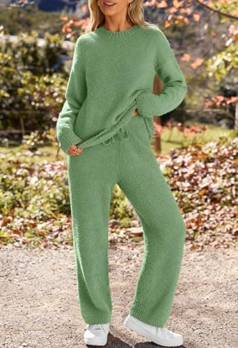 MEROKEETY Womens Pajama Sets 2025 Fall Lounge Sweater Set Cute Fuzzy Fleece 2 Piece Long Sleeve Cozy Winter Pj Outfits, SeaGrass, Large - Image 2