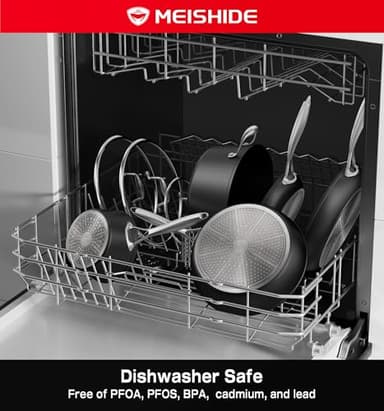 MEISHIDE Pots and Pans Set Non Stick, Oven Safe 500F Premium Hard Anodized Induction Cookware Sets 8 Pcs, Frying Pans & Saucepans with Stay-Cool Handles, Glass Lids, PFAS/PFOS/PFOA/BPA Free, Black - Image 8