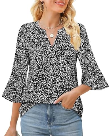 Gaharu Work Blouses for Women Fashion 2025 3/4 Sleeve Ladies Tops and Blouses Dressy Fall V Neck Ruffle Sleeve Blouse Flowy Shirts Chiffon Lightweight Tunic Top Office Wear Multi-Black,L - Image 2