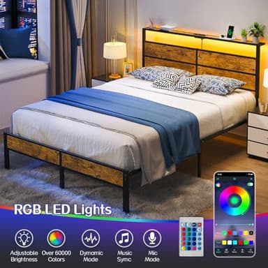Liians Full Metal Bed Frame with USB Charging Station, Headboard Storage, LED Lights, Noise-Free Design, No Box Spring Needed - Image 3