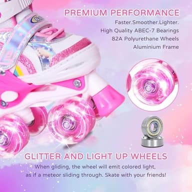 Toddler Roller Skates for Little Kids Toddler Ages 3-5 3 4 5, 4 Size Adjustable Girls Rainbow Unicorn Quad Skates with All Light Up Wheels - Best Birthday Gift for Outdoor Sports - Image 3