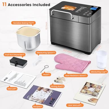 KBS 17-in-1 Bread Maker-Dual Heaters, 710W Machine Stainless Steel with Gluten-Free, Dough Maker,Jam,Yogurt PROG, Auto Nut Dispenser,Ceramic Pan& Touch Panel, 3 Loaf Sizes 3 Crust Colors,Recipes - Image 8