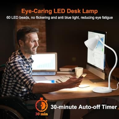 BOHON Desk Lamp for Home Office, LED Desk Light with USB C+A Charging Ports, Wireless Charger, 5 Colors Stepless Dimming Reading Light Timer, Touch Bedside Table Lamp for College Dorm Room White - Image 3