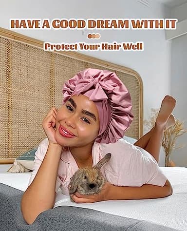 Satin Bonnet for Sleeping Cap Double Layer Hair Bonnet with Elastic Tie Band for Curly Hair Night Cap (Bean Paste + Pink) - Image 6