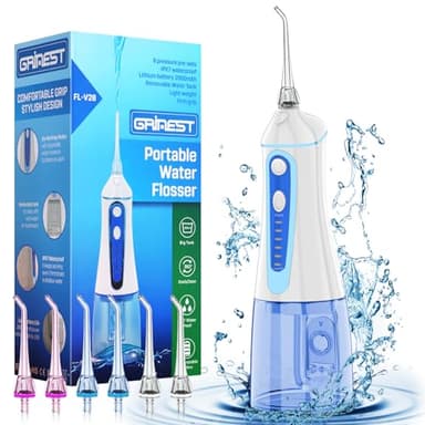 Water Dental Pik Flosser,Grinest 7 Modes Rechargeable Water Dental Pick for Teeth Cleaning Cordless Oral Irrigator Portable IPX7 Waterproof Tooth flossers for Home Travel-White - Image 1