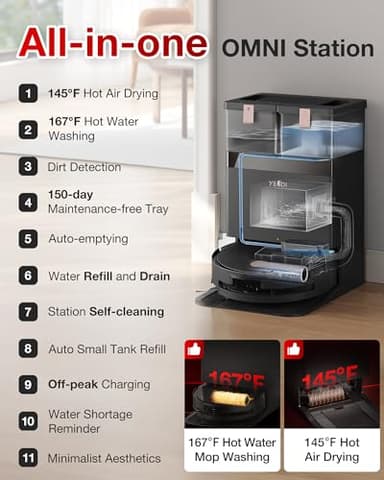 Yeedi S14 Plus Robot Vacuum and Mop, 18,000Pa Suction, OZMO Roller Mopping, ZeroTangle 2.0, TruEdge 3D Sensor, All-in-One Station with Auto Hot Water Washing & Self-Drying, Black - Image 6