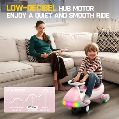 FanttikRide 12V N7 Ultra Electric Wiggle Car with Pedal, Kids Car, MagicMute Motor Swing Car, 2 Speeds, 9 Color Modes, Digital Display, Bluetooth, for Ages 3 and Up, 150 Lbs, Pinkish White - Image 4