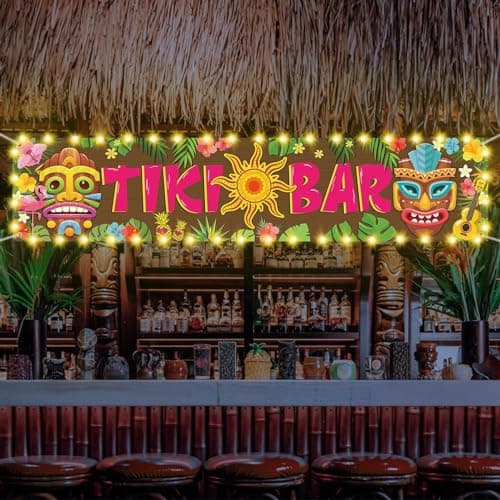 OuMuaMua Hawaiian Tiki Party Decorations, Luau Tiki Decorations Banner, Tiki Bar Sign with Lights for Summer Aloha Moana Hawaii Luau Party Decorations, Tropical Birthday Beach Pool Party Supplies - Image 1