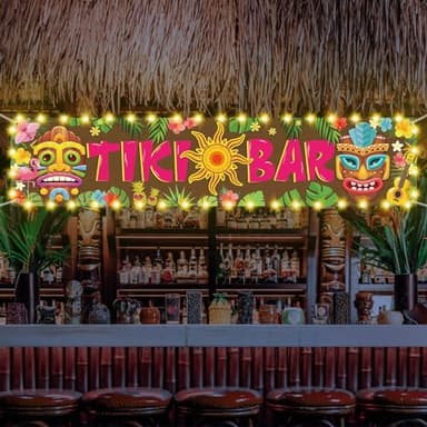 OuMuaMua Hawaiian Tiki Party Decorations, Luau Tiki Decorations Banner, Tiki Bar Sign with Lights for Summer Aloha Moana Hawaii Luau Party Decorations, Tropical Birthday Beach Pool Party Supplies - Image 1